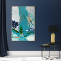Abstract giclee canvas painting, Variance VI, with teal, navy, and gold accents in a gold frame.