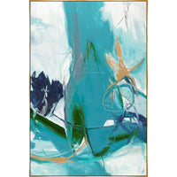 Abstract giclee canvas painting with teal, gold, navy, and white brushstrokes, framed in gold.