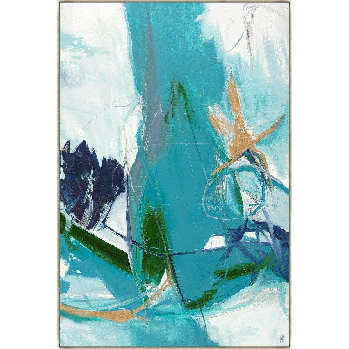 Abstract giclee canvas painting with teal, gold, navy, and white brushstrokes, framed.