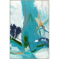 Abstract giclee canvas painting with teal, gold, navy, and white brushstrokes, framed.