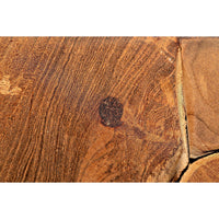 Close-up of Vert coffee table's solid teak wood surface, showing natural grain, swirls, and a dark knot.