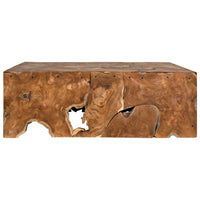 Vert coffee table, handcrafted solid teak wood with natural swirls, knots, and unique organic cutouts.