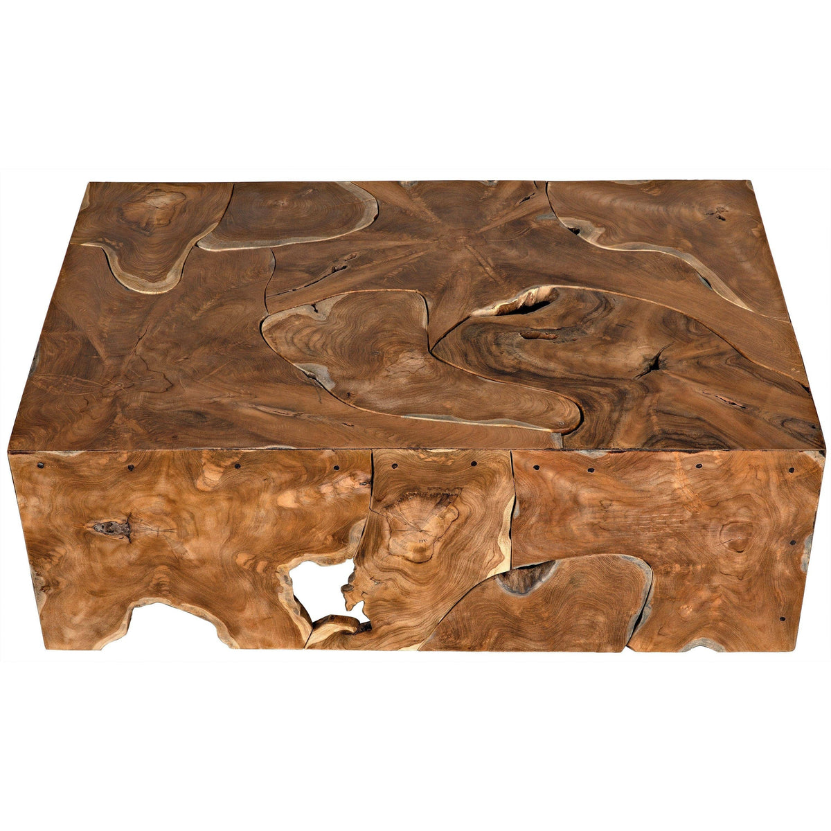 Handcrafted Vert coffee table from solid teak wood, showcasing natural swirls, knots, and grain patterns.