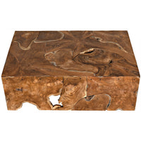Handcrafted Vert coffee table from solid teak wood, showcasing natural swirls, knots, and grain patterns.