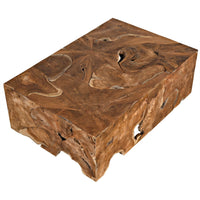 Vert coffee table, handcrafted solid teak wood with natural swirls, knots, and grain patterns.