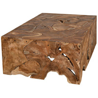 Handcrafted Vert coffee table made from solid teak wood, showcasing natural swirls, knots, and unique grain patterns.