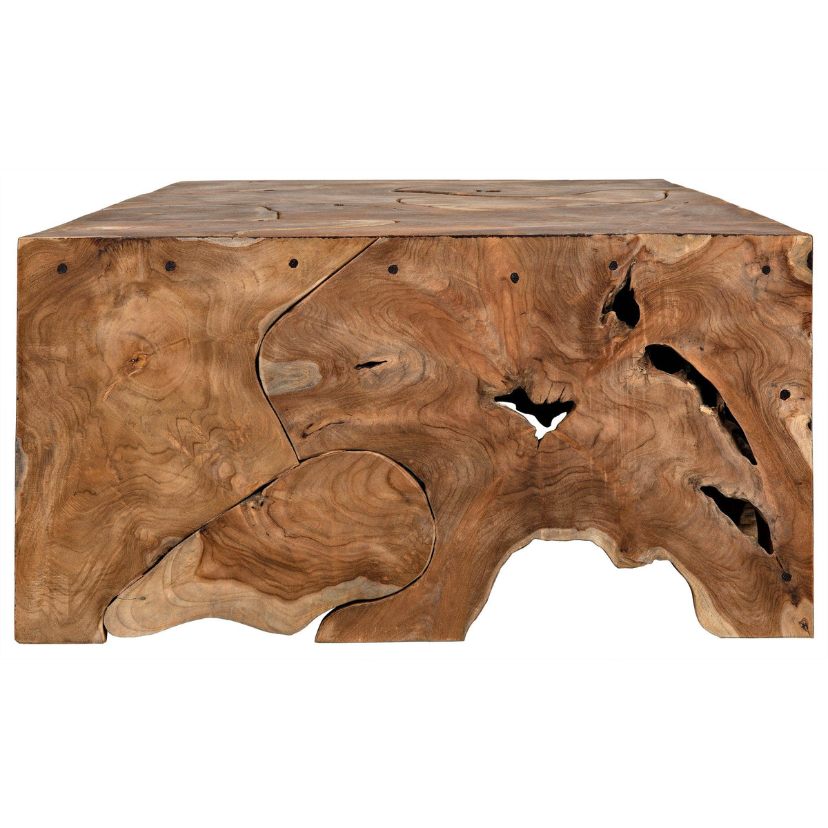 Handcrafted Vert coffee table from solid teak wood, showcasing natural swirls, knots, and unique grain patterns.