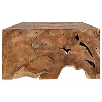 Handcrafted Vert coffee table from solid teak wood, showcasing natural swirls, knots, and unique grain patterns.