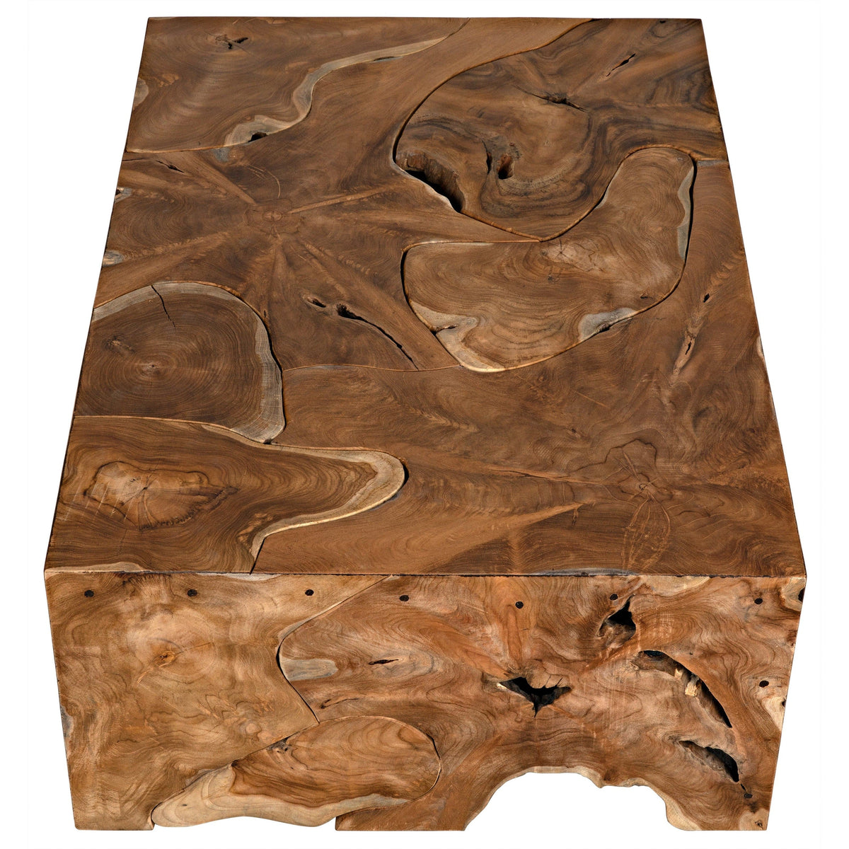 Handcrafted Vert coffee table from solid teak wood, showcasing natural swirls, knots, and grain patterns.