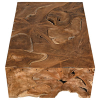 Handcrafted Vert coffee table from solid teak wood, showcasing natural swirls, knots, and grain patterns.