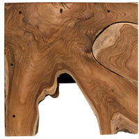 Vert handcrafted solid teak coffee table with natural wood grain, swirls, and knots.