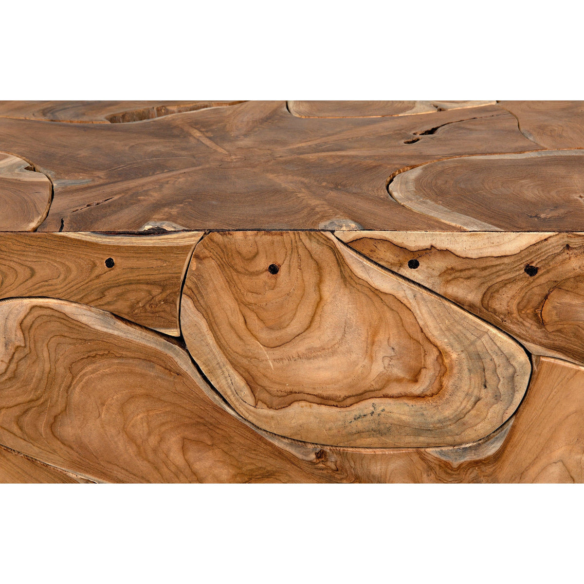 Vert solid teak coffee table with natural wood grain, swirls, and knots.