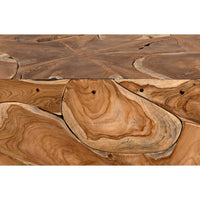 Vert solid teak coffee table with natural wood grain, swirls, and knots.