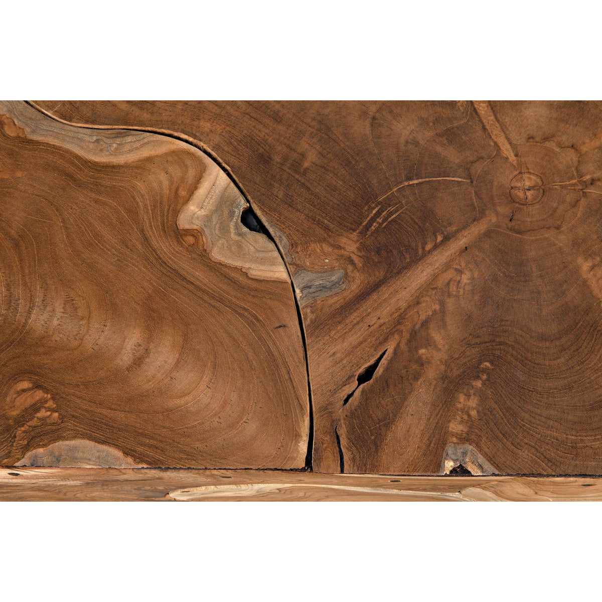 Close-up of Vert Coffee Table top, showcasing natural teak wood grain, swirls, knots, and a prominent crack.