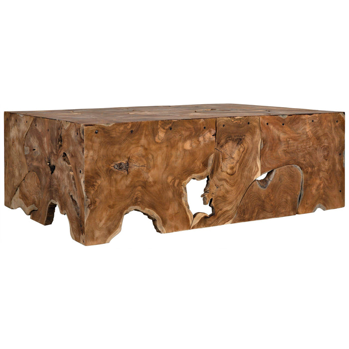 Vert handcrafted solid teak coffee table with natural wood grain, swirls, knots, and organic cutouts.