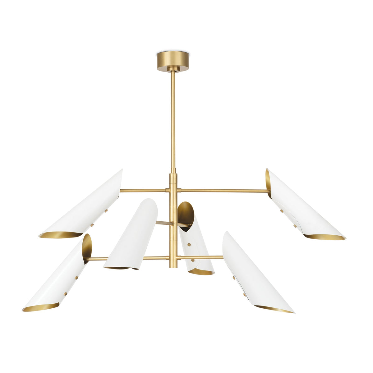 White Vest Chandelier with six conical shades and natural brass accents, mid-century modern style.