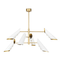 White Vest Chandelier with six conical shades and natural brass accents, mid-century modern style.