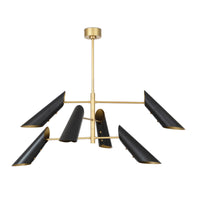 Vest Chandelier with black conical shades, natural brass interior, and flexible arms.