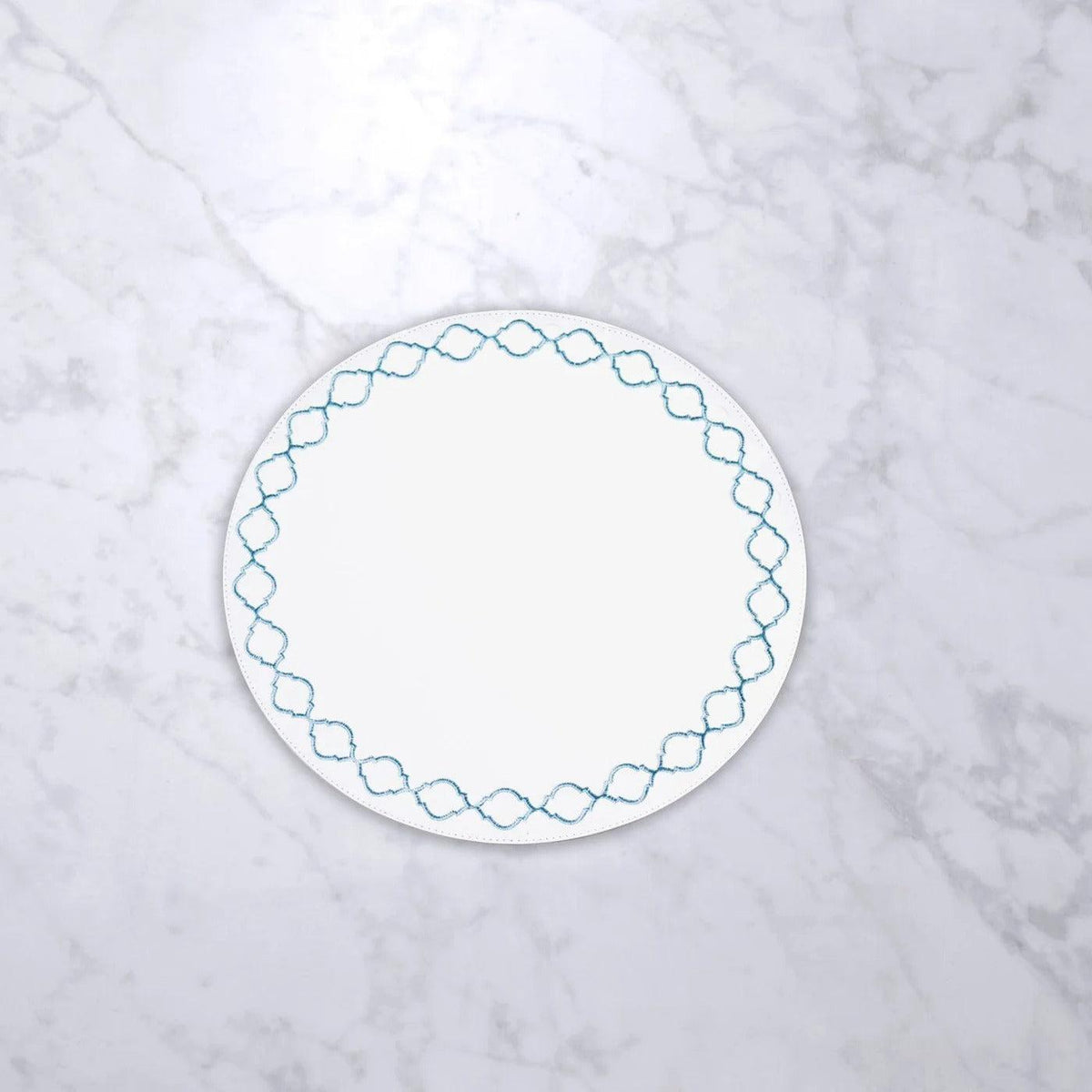 Vida Blue Embroidered Quatrefoil Round Placemats Set of 4 - Placemat Detail | Bone & Brass