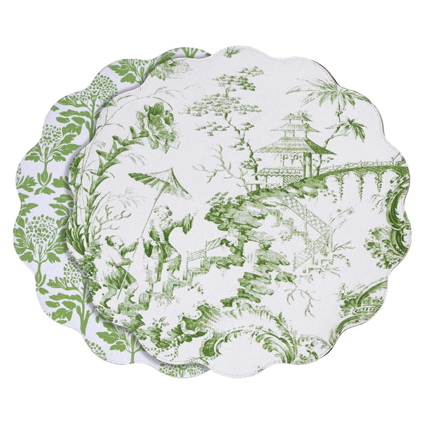 Vida Chinoiserie Reversible Round Placemats Set 4 Green & White - Placemat Detail | Bone & Brass