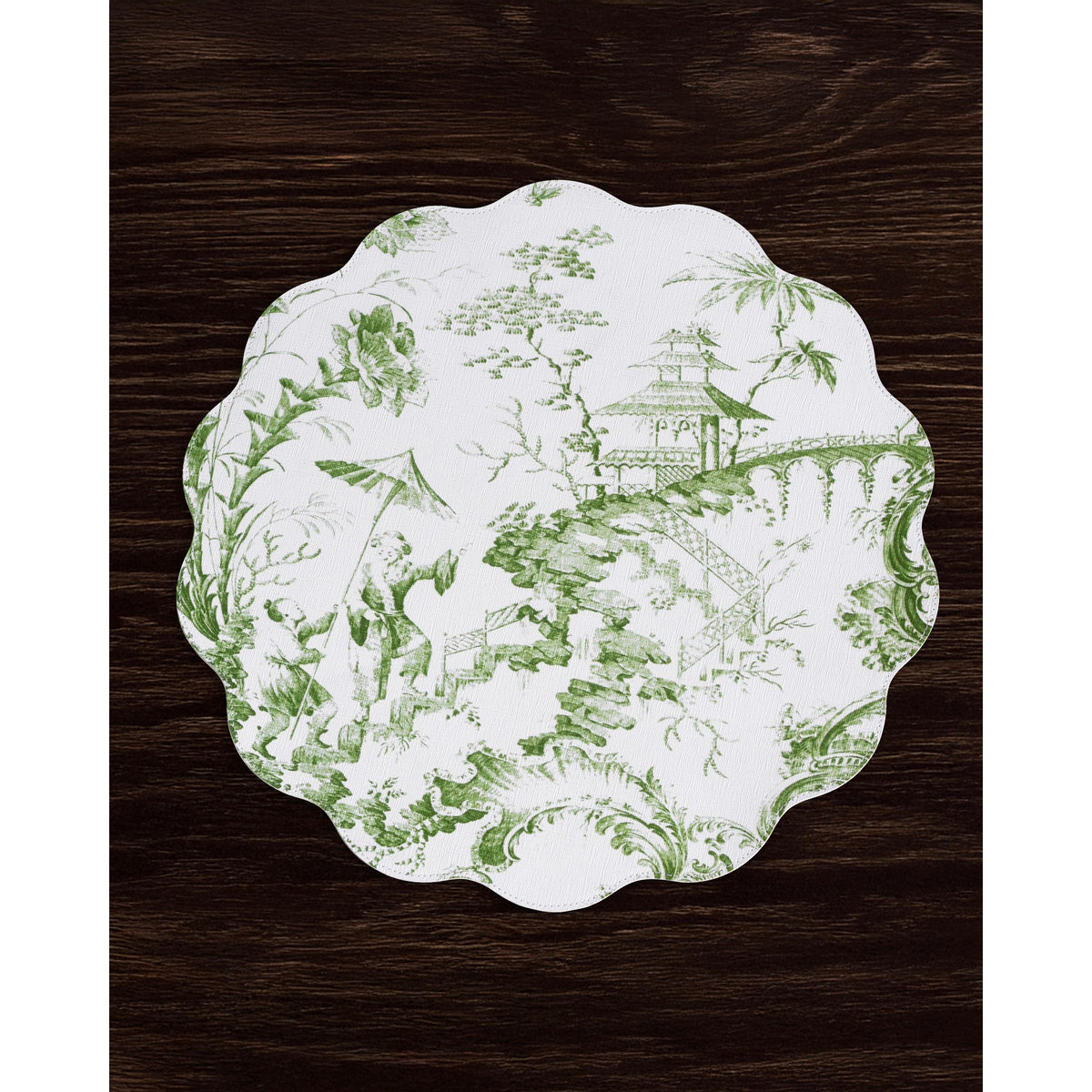 Vida Chinoiserie Reversible Round Placemats Set 4 Green & White - Placemat Side View | Bone & Brass