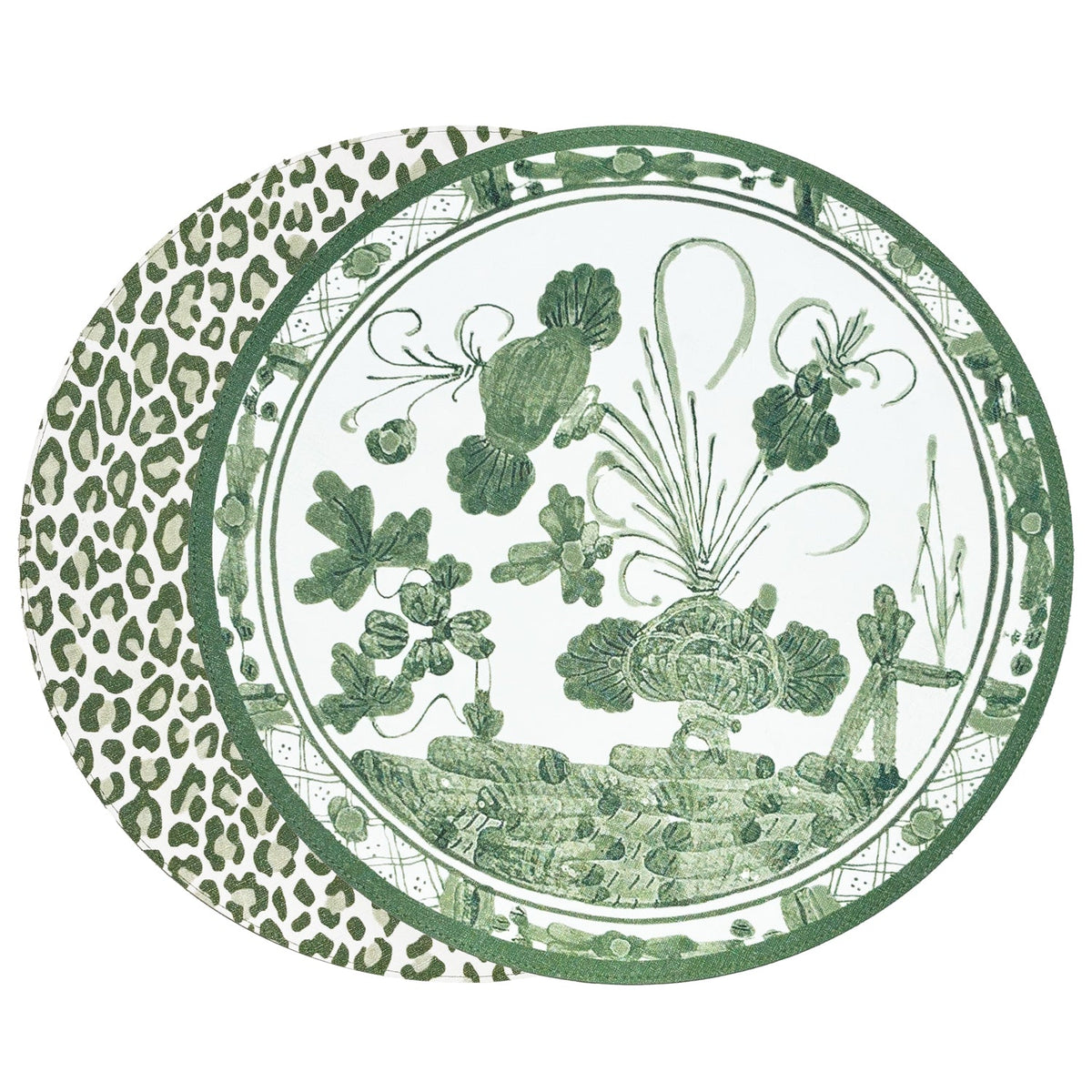 Vida Faenza and Leopard Reversible Round Placemats Set of 4 White & Green