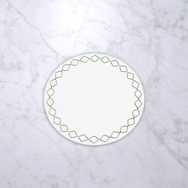 Vida Green & White Embroidered Quatrefoil Round Placemats Set of 4 - Placemat Detail | Bone & Brass