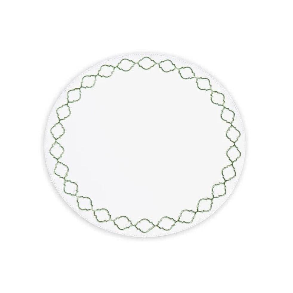Vida Green & White Embroidered Quatrefoil Round Placemats Set of 4 | Bone & Brass