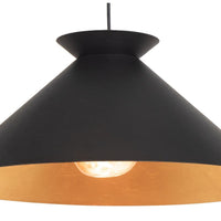 Viggo large black pendant light with a conical shade, textured metal finish, and a warm gold-leafed interior.