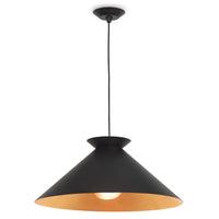 Viggo large black pendant light with a wide conical shade and gold interior, hanging from a black cord.