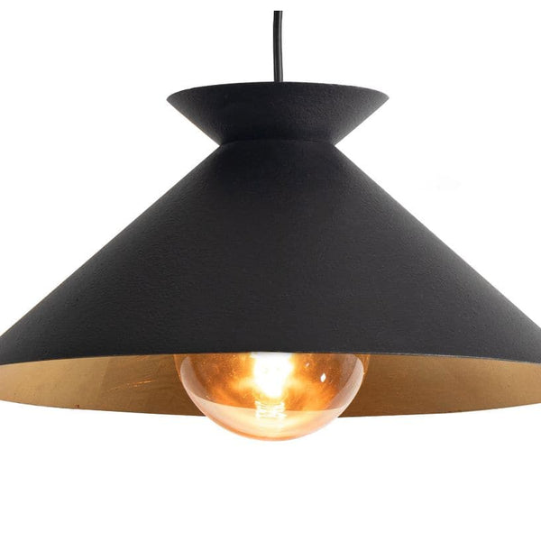 Viggo small black pendant light with a textured finish, gold-leafed interior, and exposed bulb.