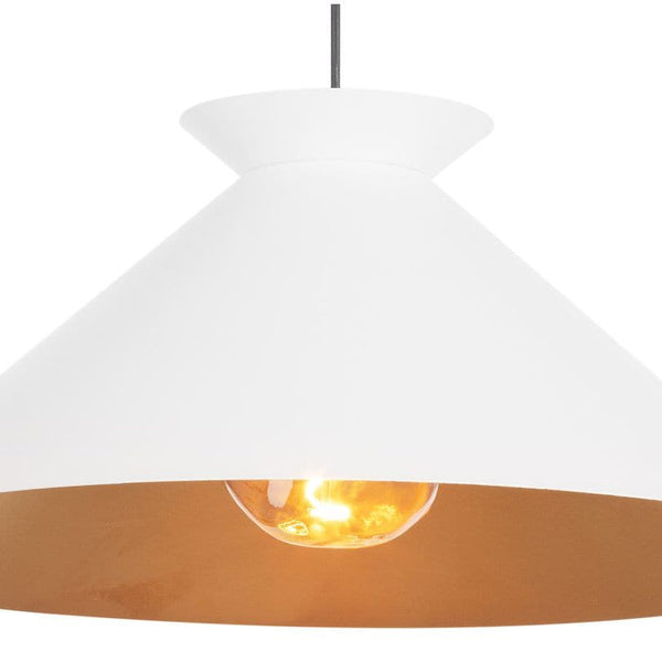 Large white modern pendant light with a gold-leafed interior and exposed bulb.