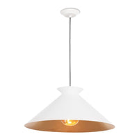 Large white metal pendant light with a wide conical shade and a warm gold interior.