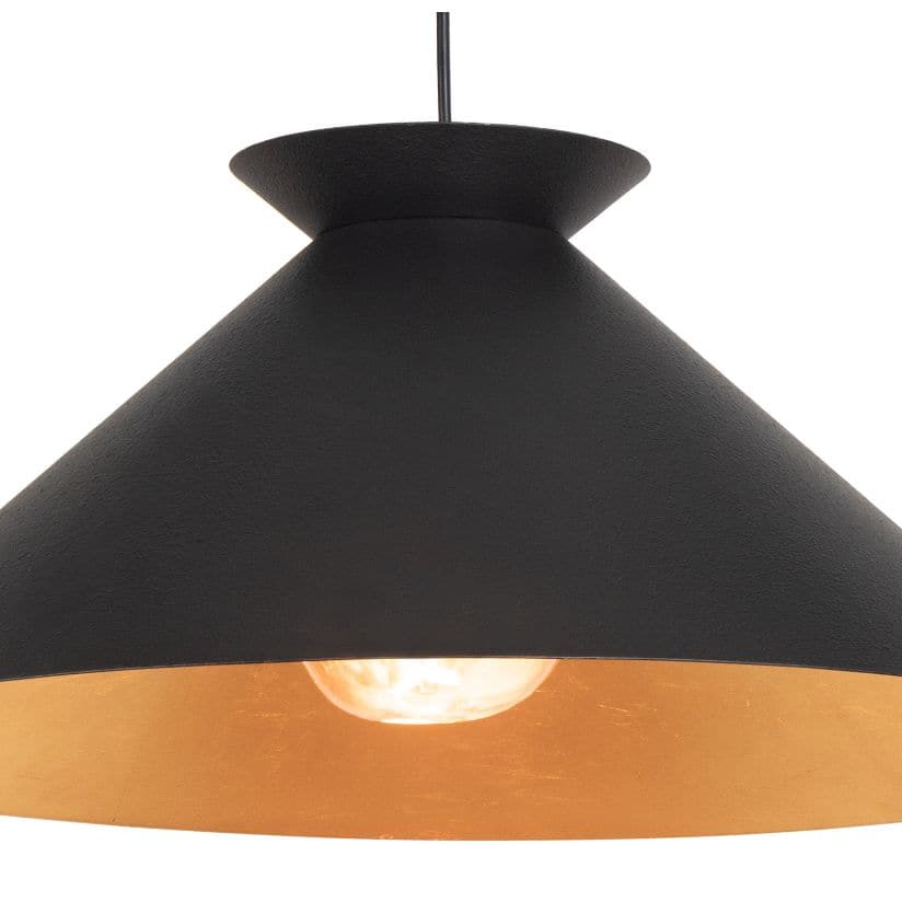 Viggo small black pendant light with a textured metal finish and warm gold-leafed interior.