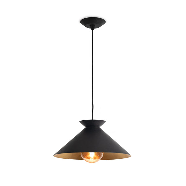 Viggo small black pendant light with a textured finish, gold-leafed interior, and exposed bulb.