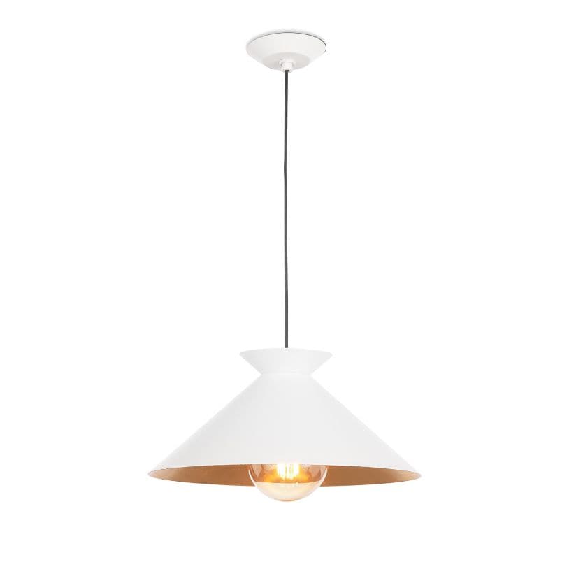 Viggo small white gold pendant light with a wide, textured shade and warm gold interior.