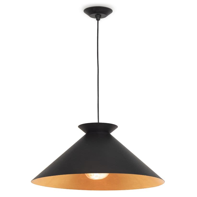Viggo Small black metal pendant light with a wide conical shade and warm gold-leafed interior.