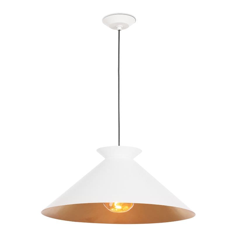 Viggo small white gold pendant light with a wide, textured shade and warm gold interior.