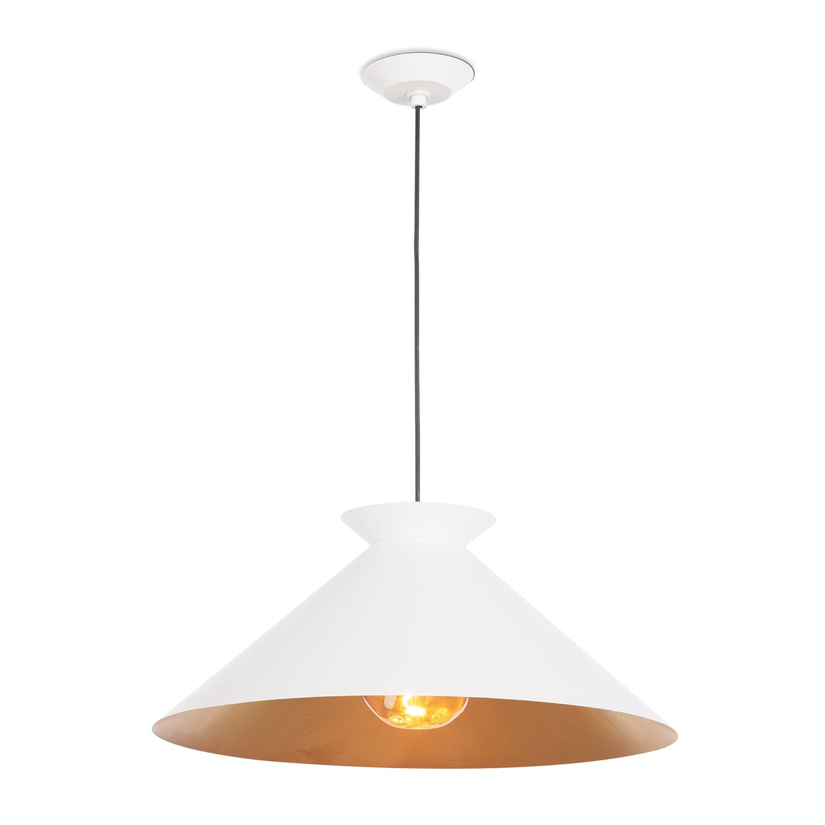 Viggo small white gold pendant light with a wide, textured metal shade and warm gold interior.
