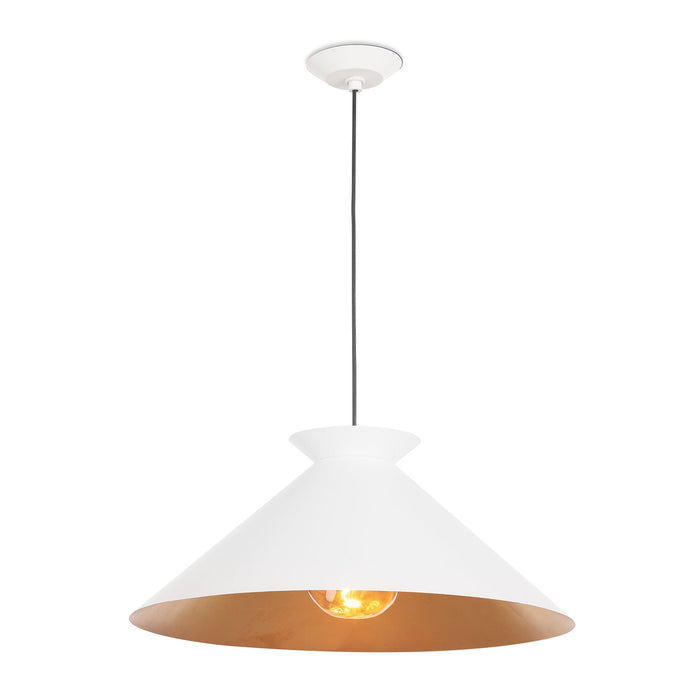 Viggo small white gold pendant light with a wide, textured metal shade and warm gold interior.