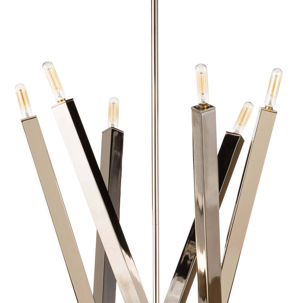 Viper Chandelier in polished nickel with sleek, adjustable metal rods and exposed vintage T bulbs.