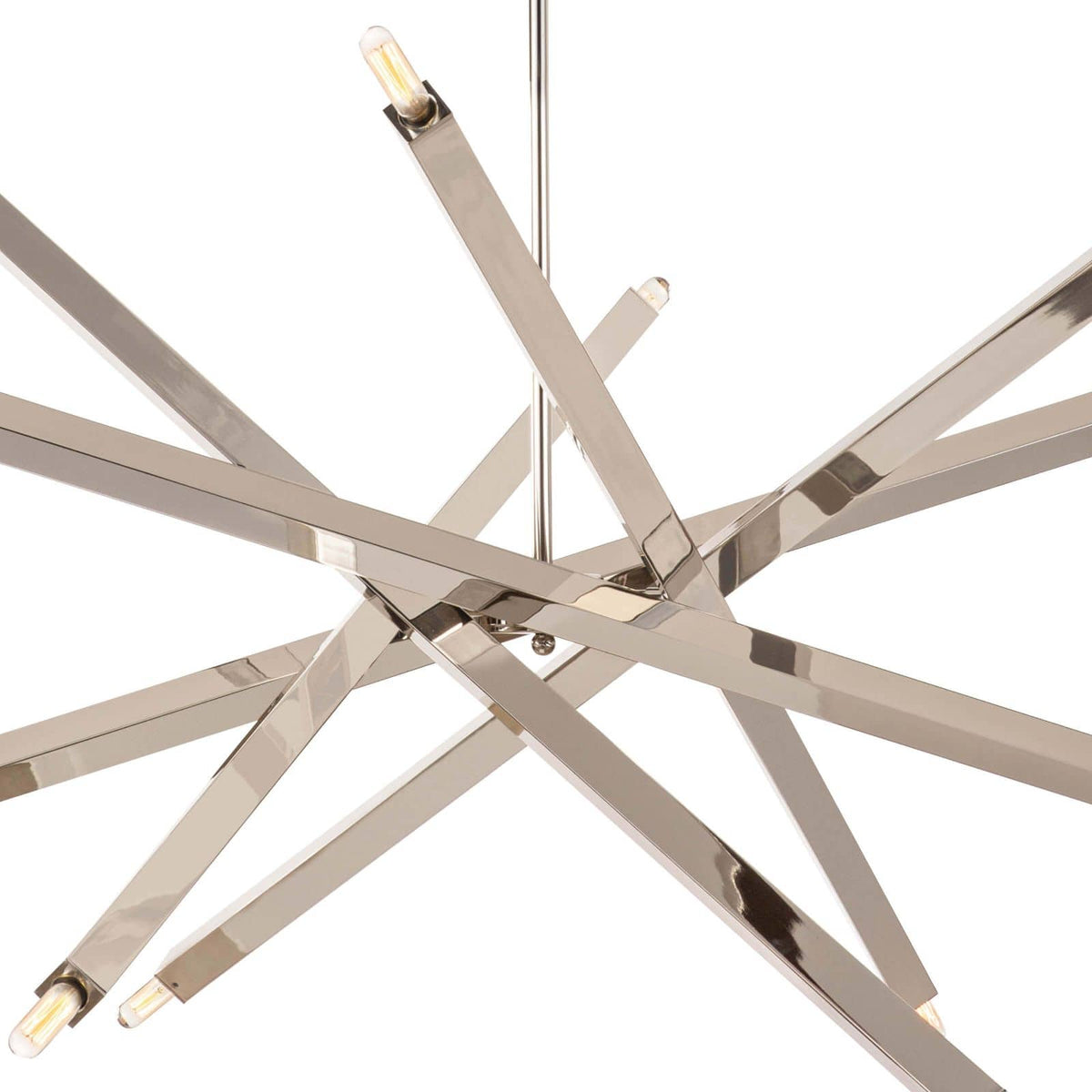 Viper Chandelier in polished nickel with sleek, adjustable metal rods and exposed candelabra bulbs.