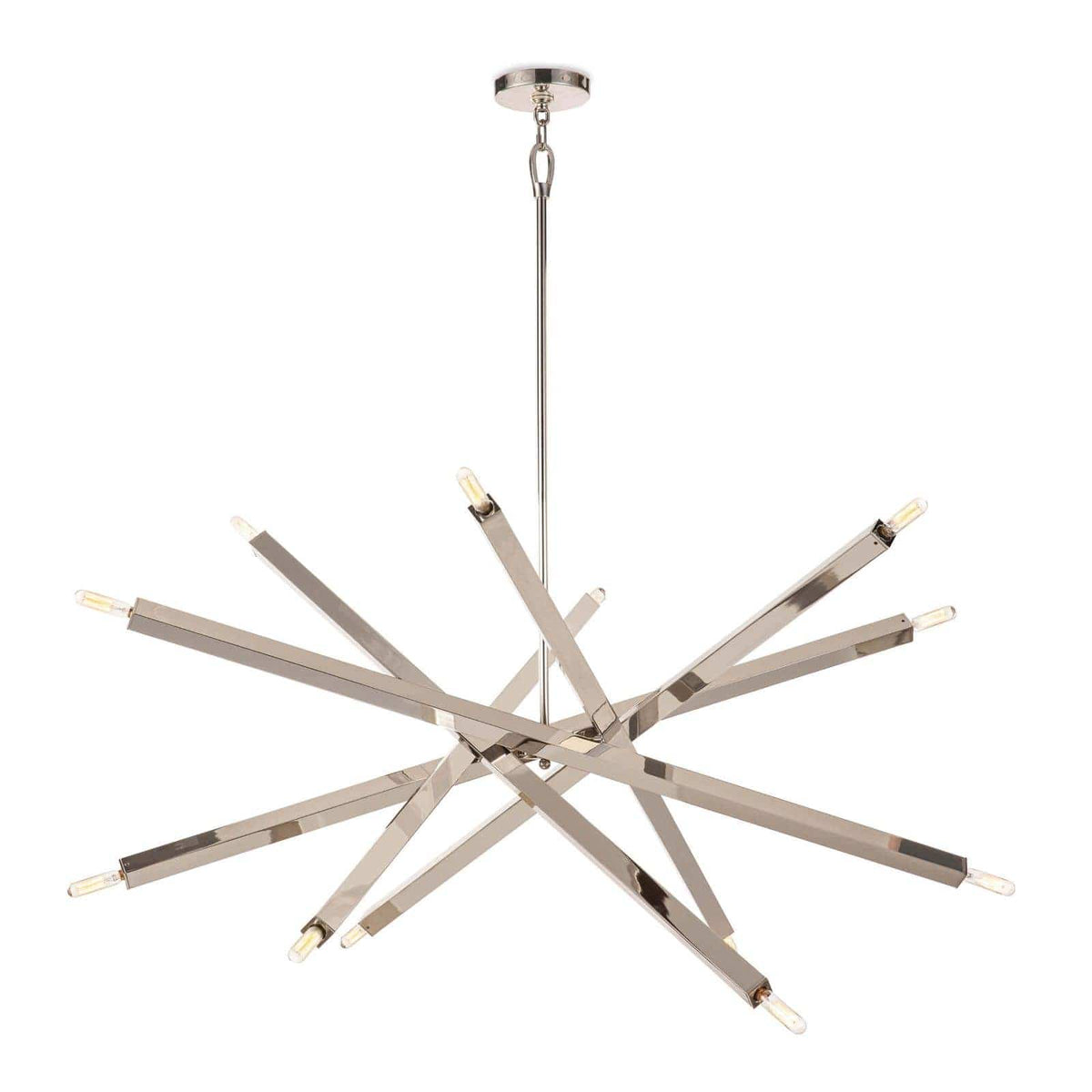 Viper Chandelier in polished nickel with sleek, adjustable metal rods and exposed candelabra bulbs.