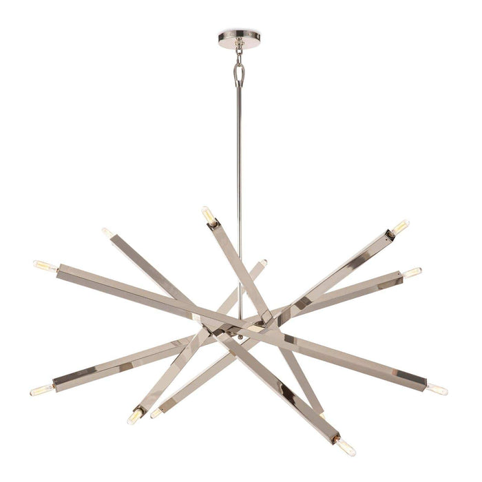 Viper Chandelier in polished nickel with sleek, adjustable metal rods and exposed candelabra bulbs.