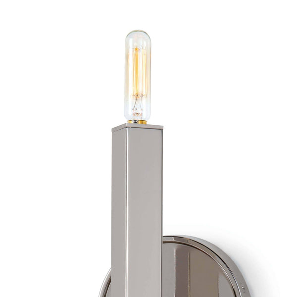 Viper polished nickel sconce with clean lines, a rectangular arm, and a round base, featuring a clear T-bulb.