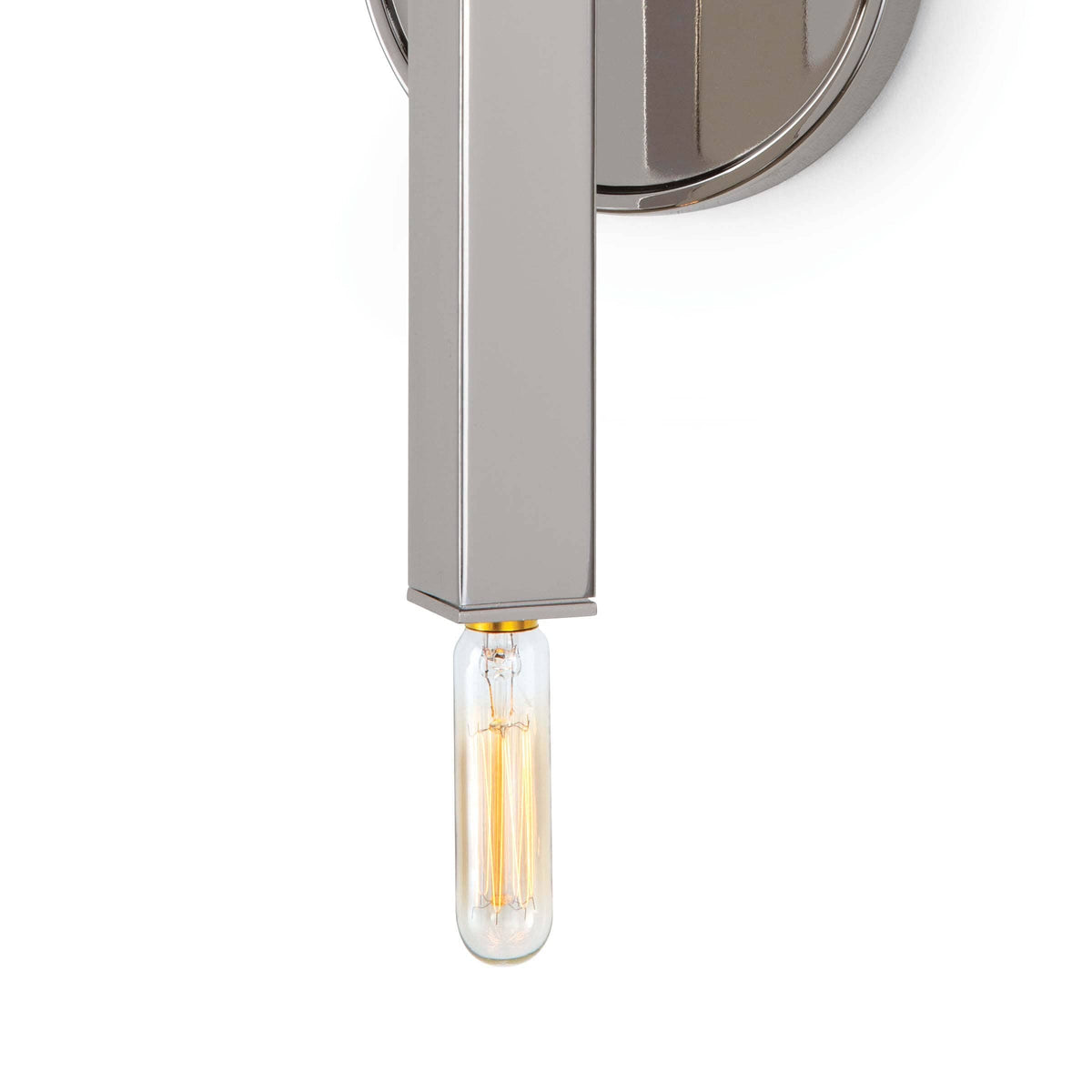 Viper Sconce in polished nickel, featuring a sleek, rectangular arm and exposed vintage T bulb.