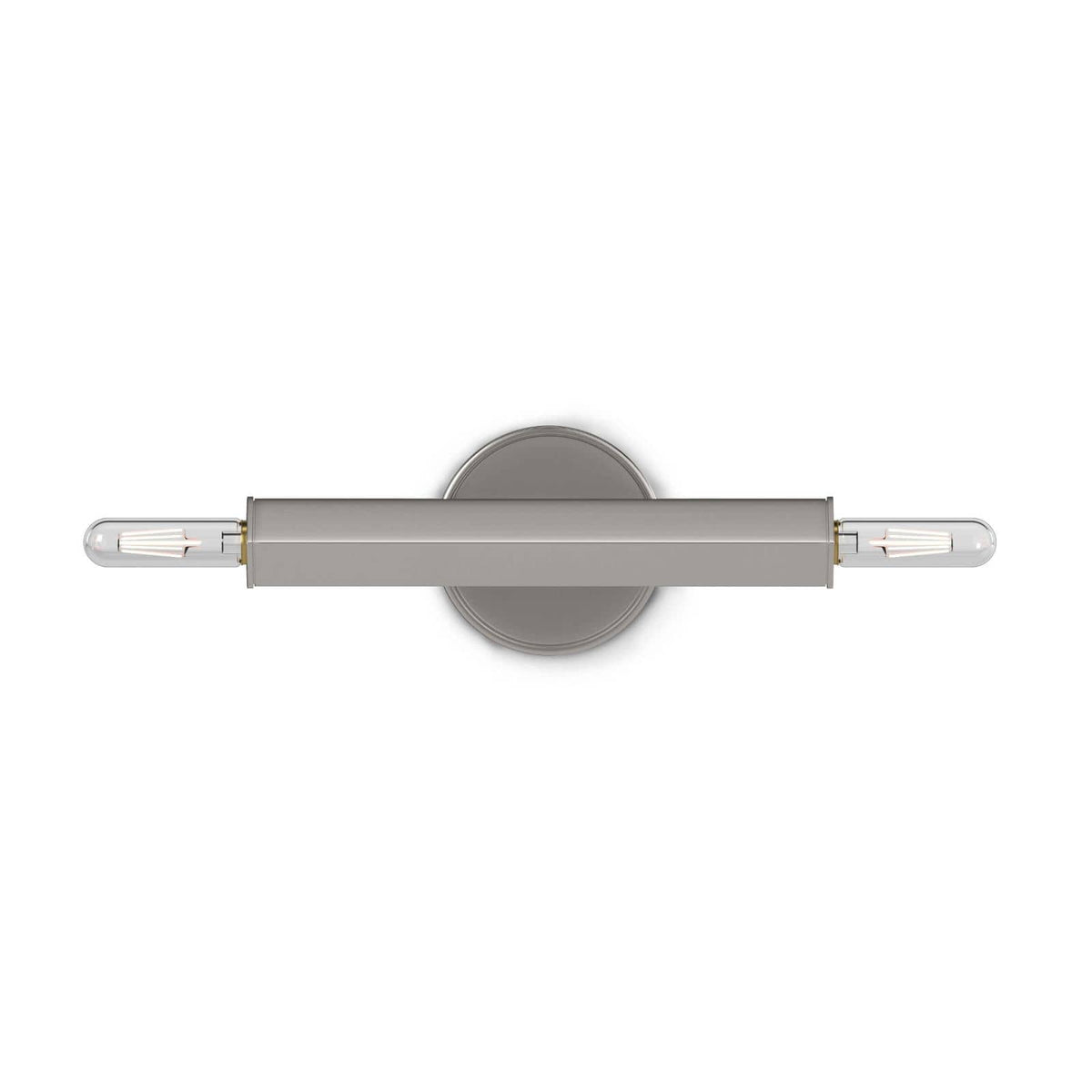 Viper Sconce in polished nickel, a modern 11" wide horizontal light fixture with two exposed candelabra bulbs.