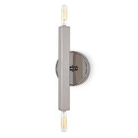 Viper polished nickel sconce with clean lines, a rectangular bar, and two exposed Edison bulbs.
