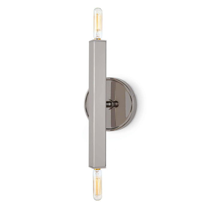 Viper polished nickel sconce with clean lines, a rectangular bar, and two exposed Edison bulbs.