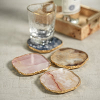 Vivienne 4-Piece Agate Pink Marble Glass Coaster Set - Coaster Side View | Bone & Brass